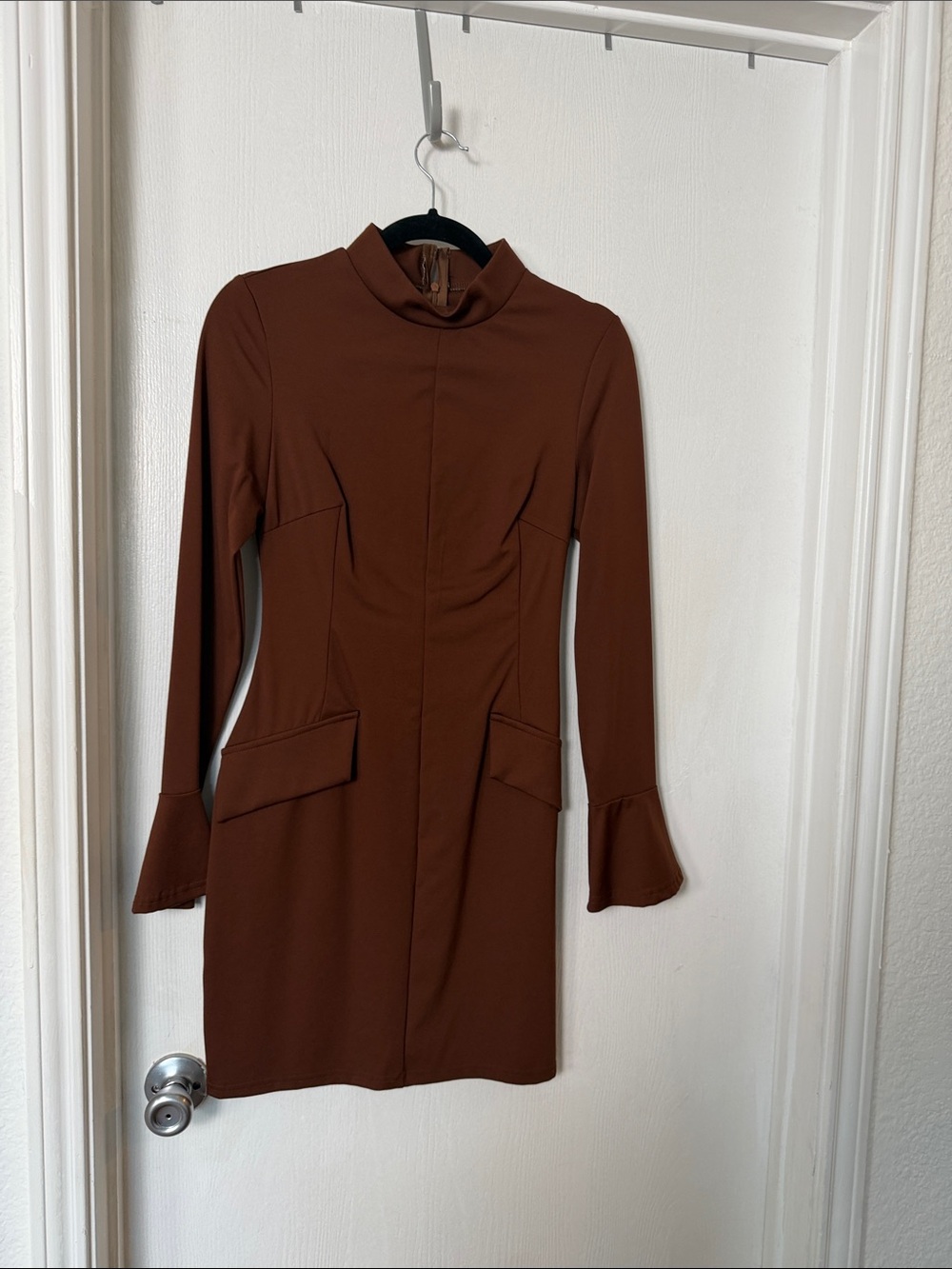 Elegant Brown Long-Sleeve Mock Neck Dress